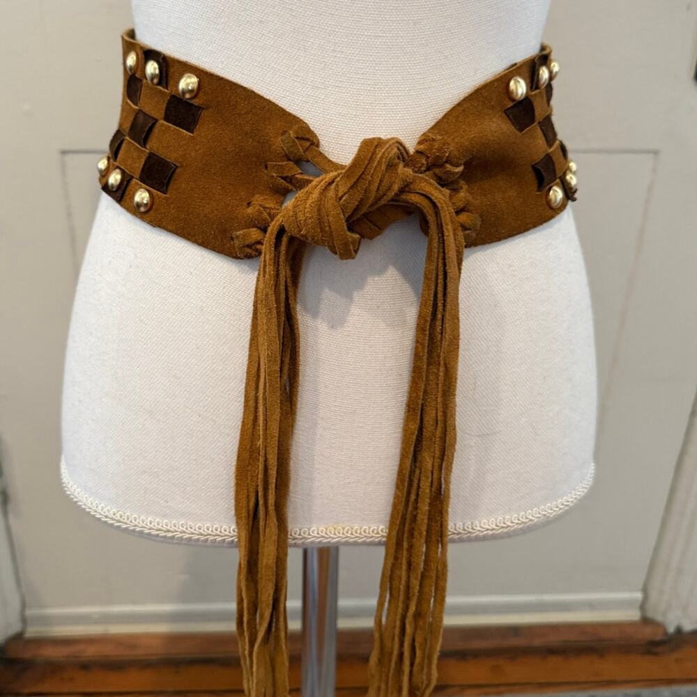 Artisan Crafted Wide Suede Statement Belt Western Boho Fringe Stud Detail